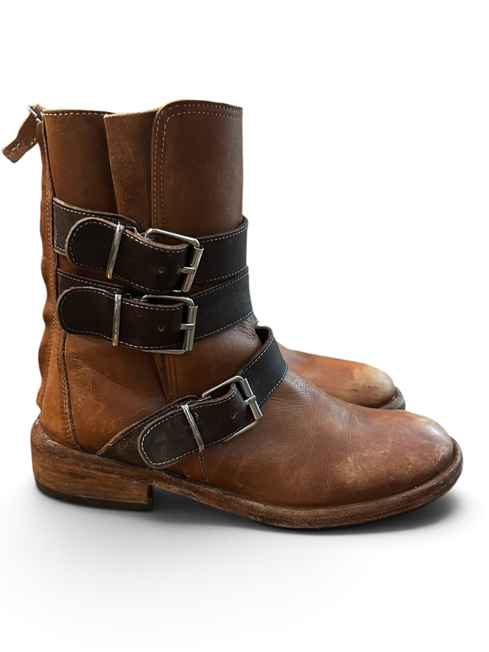 Free People Sun Belt Santa Fe Brown Leather Triple-Buckle Moto Boots 37